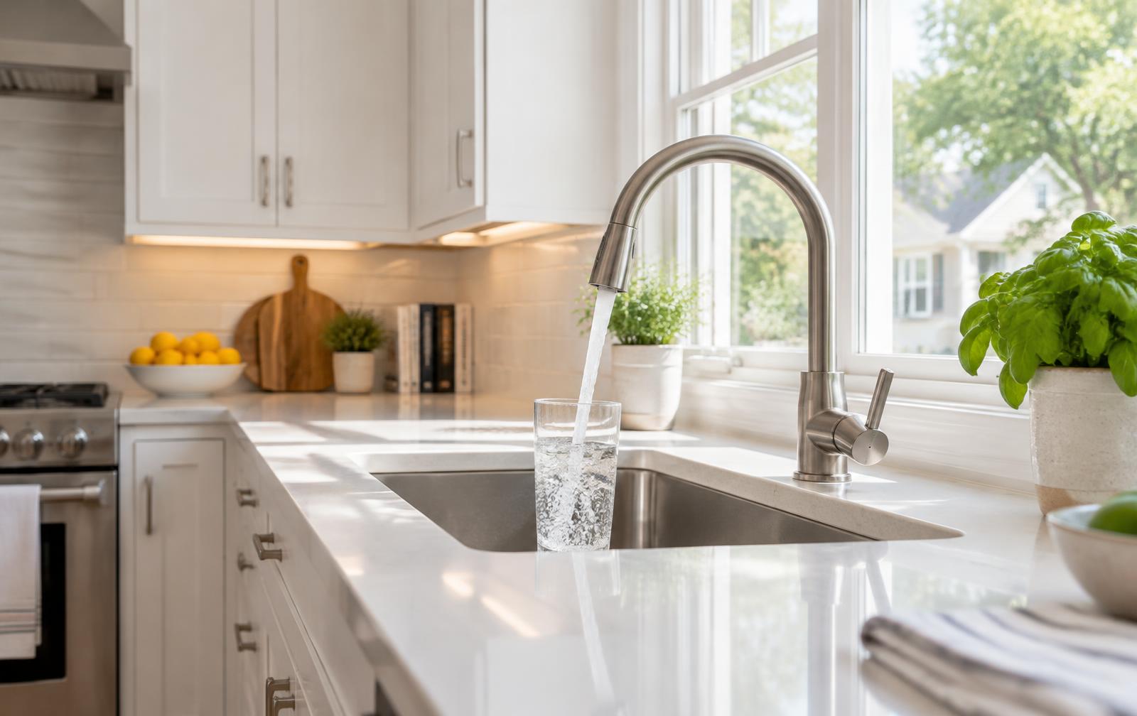 Bright New Jersey kitchen with water filling a glass at the sink